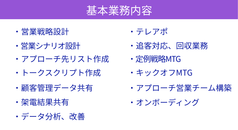 基本業務内容-営業戦略設計/営業シナリオ設計/アプローチ先リスト作成/トークスクリプト作成/顧客管理データ共有/架電結果共有/データ分析、改善/追客対応、回収業務/定例戦略MTG/キックオフMTG/アプローチ営業チーム構築/オンボーディング/テレアポ